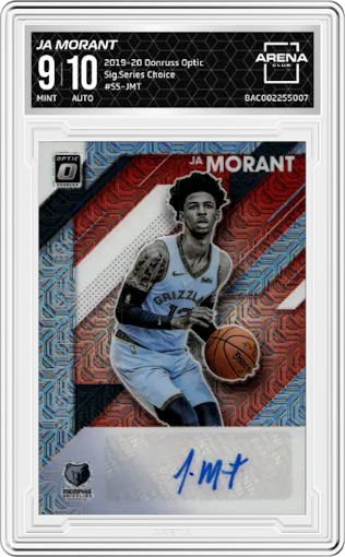 Ja Morant from the 2019-20 Panini Donruss Optic set featuring a Choice parallel graded by Arena Club and given an overall grade of 9.