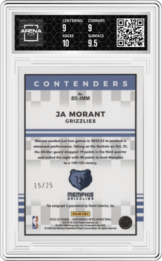 Ja Morant from the 2022-23 Panini Contenders Optic set featuring a Blue parallel graded by Arena Club and given an overall grade of 9.5.