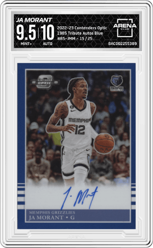 Ja Morant from the 2022-23 Panini Contenders Optic set featuring a Blue parallel graded by Arena Club and given an overall grade of 9.5.