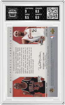 LeBron James / Michael Jordan from the 2004-05 Upper Deck SP Authentic set graded by Arena Club and given an overall grade of 7.