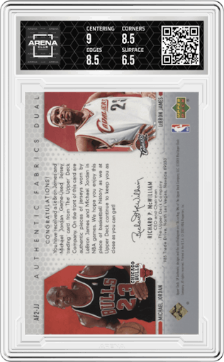 LeBron James / Michael Jordan from the 2004-05 Upper Deck SP Authentic set graded by Arena Club and given an overall grade of 7.