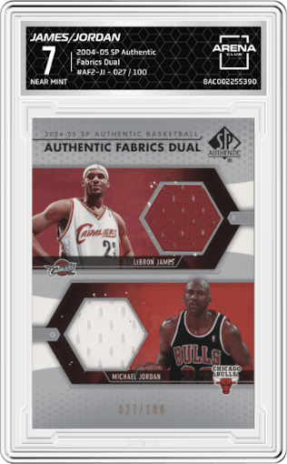 LeBron James / Michael Jordan from the 2004-05 Upper Deck SP Authentic set graded by Arena Club and given an overall grade of 7.