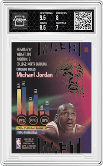 Michael Jordan from the 1995-96 Topps Stadium Club set graded by Arena Club and given an overall grade of 7.5.