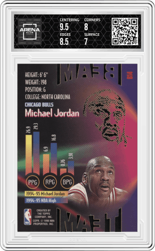 Michael Jordan from the 1995-96 Topps Stadium Club set graded by Arena Club and given an overall grade of 7.5.
