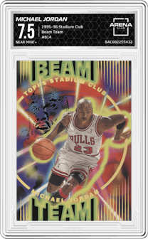 Michael Jordan from the 1995-96 Topps Stadium Club set graded by Arena Club and given an overall grade of 7.5.