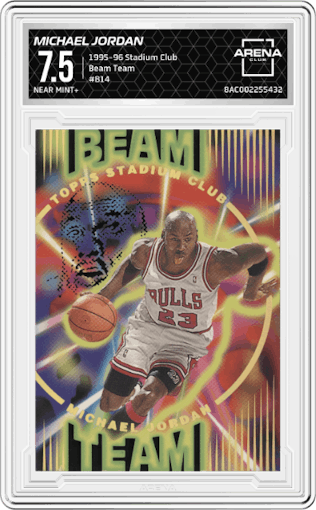 Michael Jordan from the 1995-96 Topps Stadium Club set graded by Arena Club and given an overall grade of 7.5.