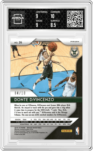 Donte DiVincenzo from the 2018-19 Panini Prizm Mosaic set featuring a Gold Prizm parallel graded by Arena Club and given an overall grade of 9.
