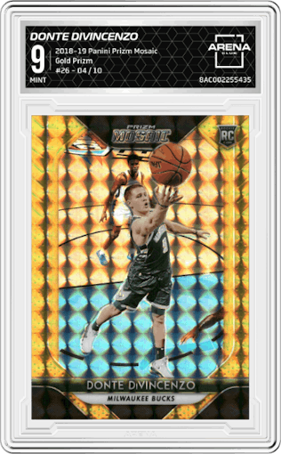 Donte DiVincenzo from the 2018-19 Panini Prizm Mosaic set featuring a Gold Prizm parallel graded by Arena Club and given an overall grade of 9.