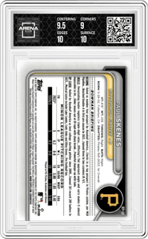 Paul Skenes from the 2024 Bowman set featuring a Lunar Glow Refractor parallel graded by Arena Club and given an overall grade of 9.5.