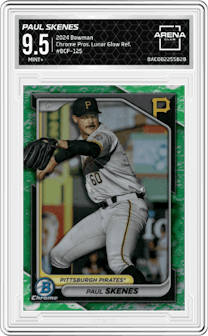 Paul Skenes from the 2024 Bowman set featuring a Lunar Glow Refractor parallel graded by Arena Club and given an overall grade of 9.5.