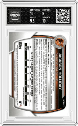 Jackson Holliday from the 2023 Bowman Chrome set featuring a Shimmer Refractor parallel graded by Arena Club and given an overall grade of 9.5.