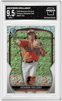Jackson Holliday from the 2023 Bowman Chrome set featuring a Shimmer Refractor parallel graded by Arena Club and given an overall grade of 9.5.