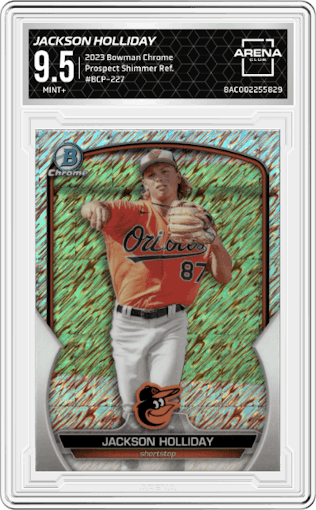 Jackson Holliday from the 2023 Bowman Chrome set featuring a Shimmer Refractor parallel graded by Arena Club and given an overall grade of 9.5.