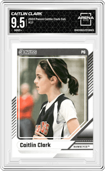 Caitlin Clark from the 2024 Panini Caitlin Clark Collection set graded by Arena Club and given an overall grade of 9.5.