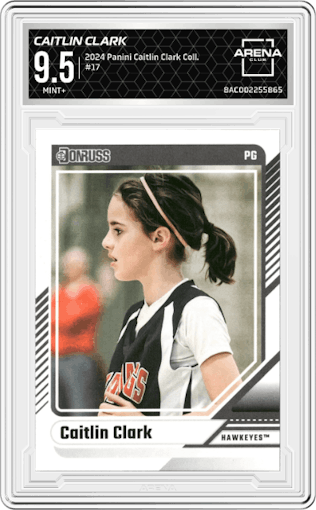 Caitlin Clark from the 2024 Panini Caitlin Clark Collection set graded by Arena Club and given an overall grade of 9.5.