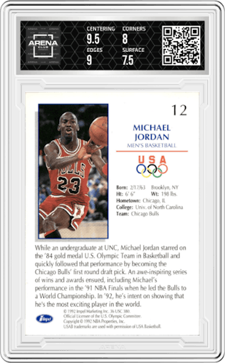 Michael Jordan from the 1992 Impel U.S. Olympicards set graded by Arena Club and given an overall grade of 8.