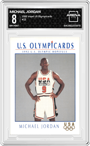 Michael Jordan from the 1992 Impel U.S. Olympicards set graded by Arena Club and given an overall grade of 8.