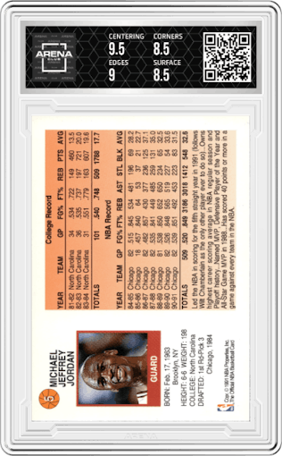 Michael Jordan from the 1991-92 NBA Hoops McDonald's set graded by Arena Club and given an overall grade of 9.