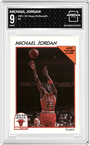 Michael Jordan from the 1991-92 NBA Hoops McDonald's set graded by Arena Club and given an overall grade of 9.