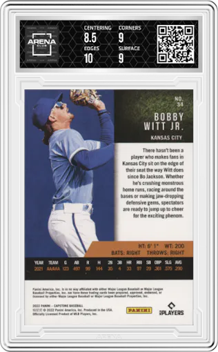 Bobby Witt Jr. from the 2022 Panini Capstone set featuring a Red parallel graded by Arena Club and given an overall grade of 9.