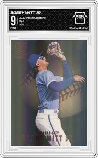 Bobby Witt Jr. from the 2022 Panini Capstone set featuring a Red parallel graded by Arena Club and given an overall grade of 9.