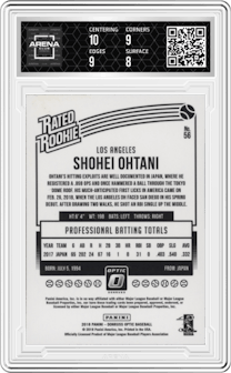 Shohei Ohtani from the 2018 Panini Donruss Optic set graded by Arena Club and given an overall grade of 8.5.