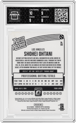 Shohei Ohtani from the 2018 Panini Donruss Optic set graded by Arena Club and given an overall grade of 8.5.