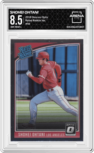 Shohei Ohtani from the 2018 Panini Donruss Optic set graded by Arena Club and given an overall grade of 8.5.