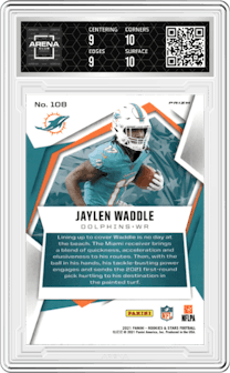 Jaylen Waddle from the 2021 Panini Rookies & Stars set featuring a Pulsar  parallel graded by Arena Club and given an overall grade of 9.5.