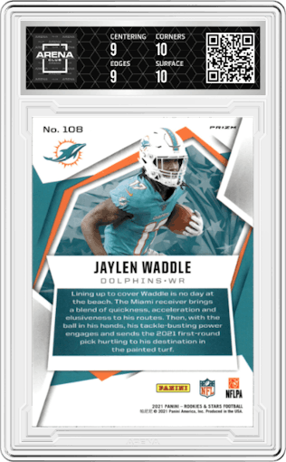 Jaylen Waddle from the 2021 Panini Rookies & Stars set featuring a Pulsar  parallel graded by Arena Club and given an overall grade of 9.5.