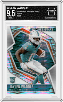 Jaylen Waddle from the 2021 Panini Rookies & Stars set featuring a Pulsar  parallel graded by Arena Club and given an overall grade of 9.5.