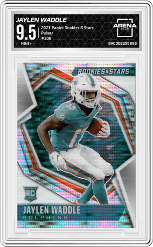 Jaylen Waddle from the 2021 Panini Rookies & Stars set featuring a Pulsar  parallel graded by Arena Club and given an overall grade of 9.5.