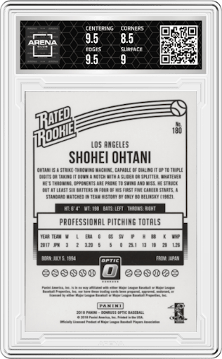 Shohei Ohtani from the 2018 Panini Chronicles set graded by Arena Club and given an overall grade of 9.