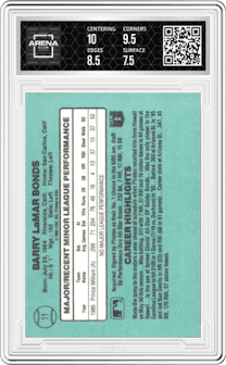 Barry Bonds from the 1986 Donruss The Rookies set graded by Arena Club and given an overall grade of 8.