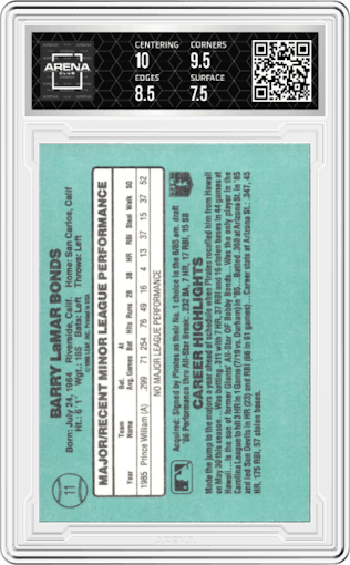 Barry Bonds from the 1986 Donruss The Rookies set graded by Arena Club and given an overall grade of 8.