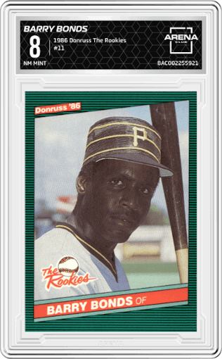 Barry Bonds from the 1986 Donruss The Rookies set graded by Arena Club and given an overall grade of 8.
