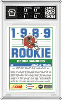 Deion Sanders from the 1989 Score set graded by Arena Club and given an overall grade of 8.5.