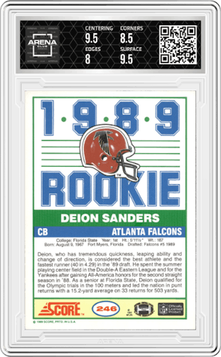 Deion Sanders from the 1989 Score set graded by Arena Club and given an overall grade of 8.5.