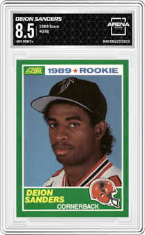 Deion Sanders from the 1989 Score set graded by Arena Club and given an overall grade of 8.5.