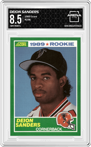 Deion Sanders from the 1989 Score set graded by Arena Club and given an overall grade of 8.5.