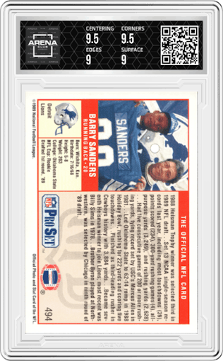 Barry Sanders from the 1989 Pro Set set graded by Arena Club and given an overall grade of 9.5.