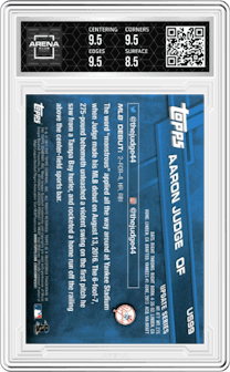 Aaron Judge from the 2017 Topps Update set graded by Arena Club and given an overall grade of 9.