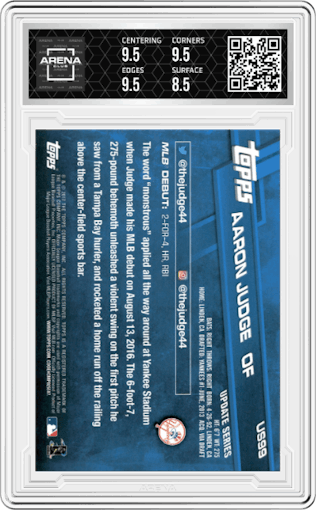 Aaron Judge from the 2017 Topps Update set graded by Arena Club and given an overall grade of 9.