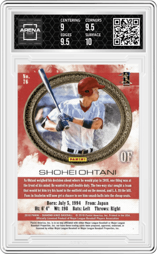 Shohei Ohtani from the 2018 Panini Diamond Kings set graded by Arena Club and given an overall grade of 9.5.
