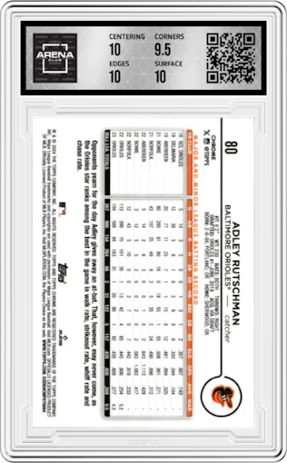 Adley Rutschman from the 2024 Topps Chrome set featuring a Green Sonar Refractor parallel graded by Arena Club and given an overall grade of 10.