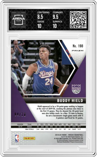Buddy Hield from the 2019-20 Panini Mosaic  set featuring a Fast Break Gold parallel graded by Arena Club and given an overall grade of 9.