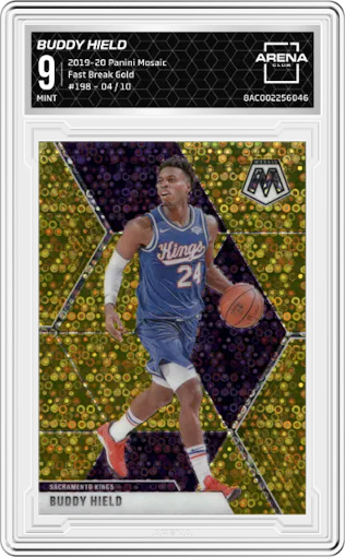 Buddy Hield from the 2019-20 Panini Mosaic  set featuring a Fast Break Gold parallel graded by Arena Club and given an overall grade of 9.