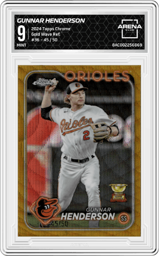 Gunnar Henderson from the 2024 Topps Chrome set featuring a Gold Wave Refractor parallel graded by Arena Club and given an overall grade of 9.