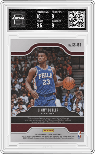Jimmy Butler from the 2019-20 Panini Prizm set graded by Arena Club and given an overall grade of 9.5.