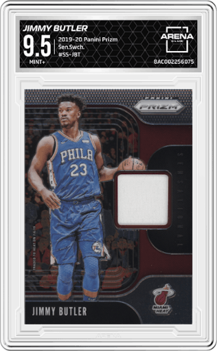 Jimmy Butler from the 2019-20 Panini Prizm set graded by Arena Club and given an overall grade of 9.5.